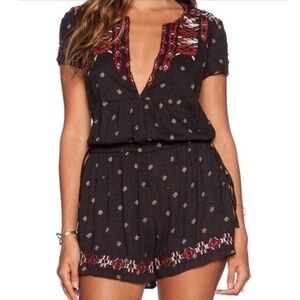 Free People Song For You Mini Boho Romper w Rust & Teal Embroidery, Black, Sz XS